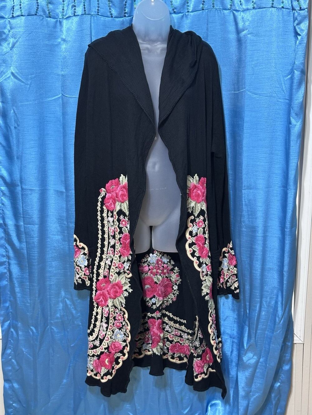 Biya Johnny Was Black Hooded Cotton Kimono With Floral Embroidery SZ XS